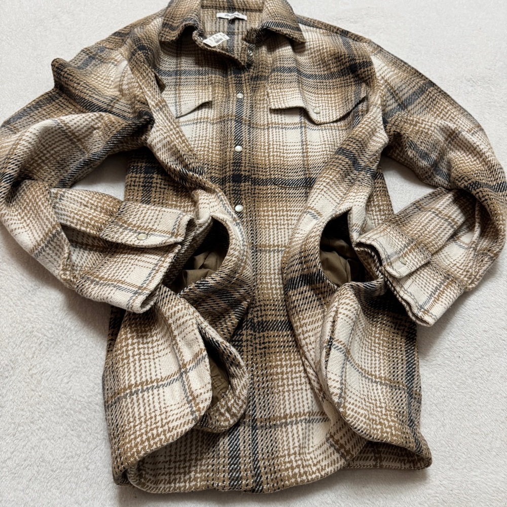 Madewell L Flannel Shirt Jacket Oversized Plaid side Pockets Pearl Snap Western - Picture 8 of 12
